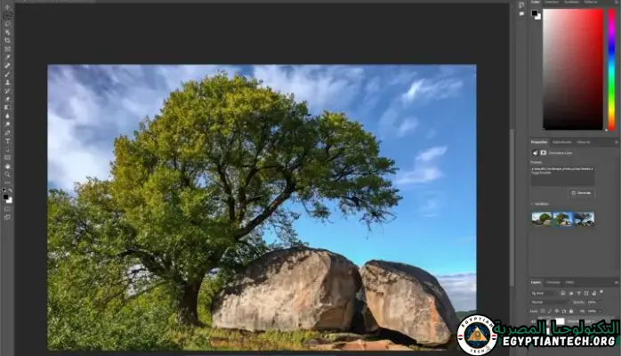 لقطة شاشة لواجهة Adobe Photoshop تعرض أدوات وميزات متنوعة لتحرير الصور وتصميمها