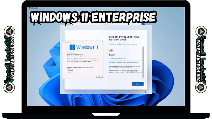 كمبيوتر محمول يعرض شاشة إعداد Windows 11 Enterprise مع تعليمات تسجيل دخول المستخدم