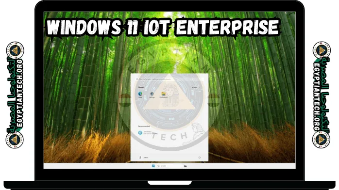 شاشة كمبيوتر محمول تعرض نظام التشغيل Windows 11 IoT Enterprise على خلفية غابة الخيزران